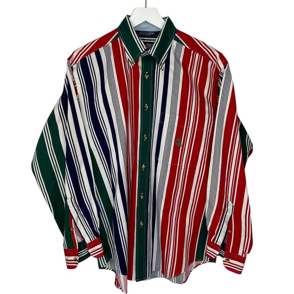 Vintage Nautica Red Green Blue Vertical Stripe Long Sleeve Shirt - Men's M